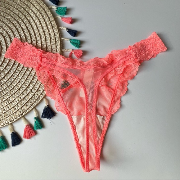 Victoria's Secret Lace & Mesh Thong Panty Neon Nectar Small NEW - Picture 7 of 8